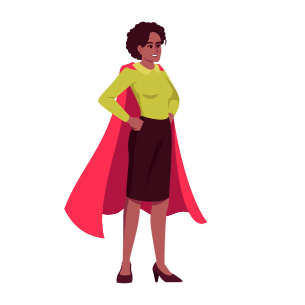 Efficient top manager semi flat RGB color vector illustration. Office worker in superwoman red cape isolated cartoon character on white background. Professional skills and superpowers concept Efficient top manager semi flat RGB color vector illustration. Office worker in superwoman red cape isolated cartoon character on white background. Professional skills and superpowers concept black superwoman stock illustrations