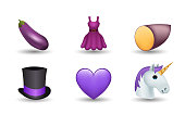 6 Emoticon isolated on White Background. Isolated Vector Illustration. Eggplant, party dress, magic hat, purple heart, unicorn vector emoji Illustration. Set of 3d objects Illustration.