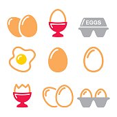 istock Eggs icons, fried egg, egg box - breakfast icons set 672905860
