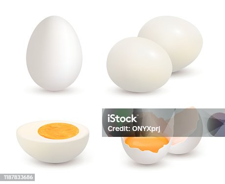 istock Eggs realistic. Natural healthy farm fresh food yolk and protein vector cracked shell chicken eggs 1187833686