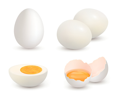 Eggs realistic. Natural healthy farm fresh food yolk and protein vector cracked shell chicken eggs