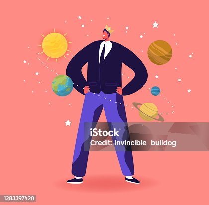 istock Ego, Narcissistic Self Love Behavior. Male Character in Crown Imagine himself as Center of Universe with Planets around 1283397420