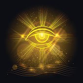 Spiritual eye or egypt eye of God on golden shining background. Vector illustration