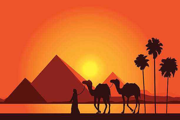 エジプトなピラミッド、キャメルの caravan サンセットを背景に、 - 都会　オアシス点のイラスト素材／クリップアート素材／マンガ素材／アイコン素材
