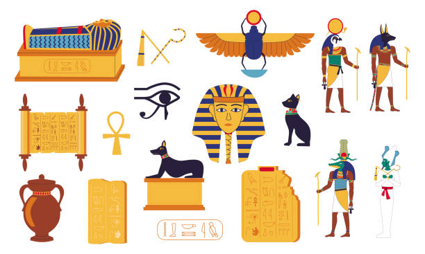 エジプトの象形文字。漫画エジプト文化要素。ファラオの古代の墓、神話の神々、石のタブレットやパピルスのレタリング。宗教シンボルと動物、ベクターセット - エジプト点のイラスト素材／クリップアート素材／マンガ素材／アイコン素材