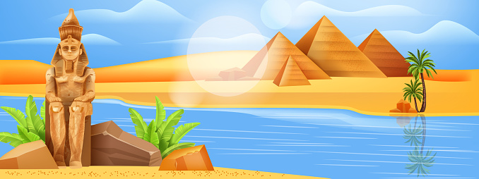 Egypt landscape ancient vector pharaoh pyramid, Nile river palm tree, African sand dune background.