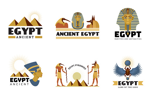 Egypt stickers. Ancient monuments sphinx statue pyramid desert travel symbols recent vector stylized labels. Illustration egypt sticker with pyramid