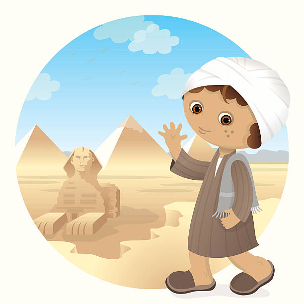 Egyptian boy at Great Spynx of Giza vector art illustration