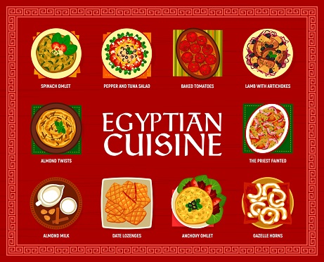 Egyptian cuisine menu with food dishes and meals