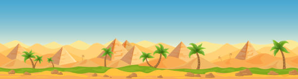 エジプトの砂漠パノラマビュー漫画のベクトルイラスト風景、バナー。同様のパターンパノラマアフロアジアの観光国、暑い天候、砂、青空、砂丘、ピラミッド、ヤシのゲームスタイル。 - 都会　オアシス点のイラスト素材／クリップアート素材／マンガ素材／アイコン素材