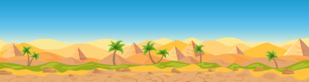 エジプトの砂漠パノラマビュー漫画のベクトルイラスト風景、バナー。広いパノラマ砂砂漠の背景、暑い天候、砂丘、ピラミッド、ヤシのゲームスタイル。 - オアシス点のイラスト素材／クリップアート素材／マンガ素材／アイコン素材