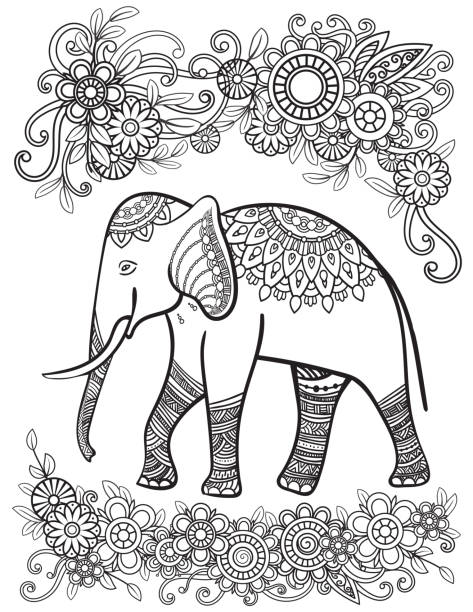 ehtnic elefant färbung seite - papier blumen studio stock-grafiken, -clipart, -cartoons und -symbole