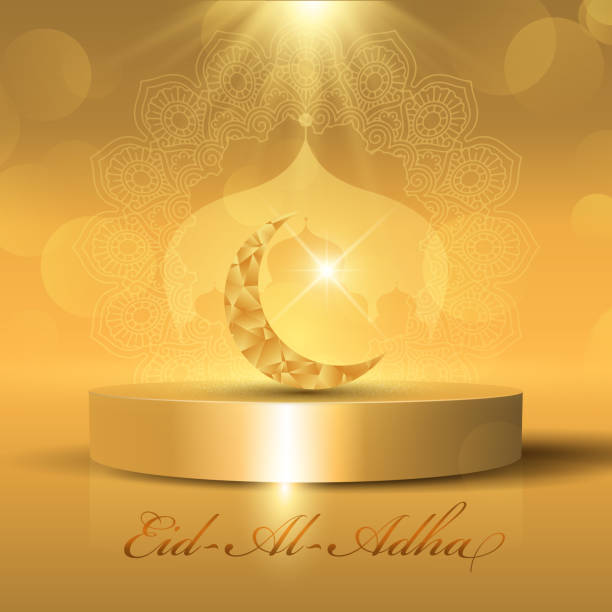 Eid Al Adha background with golden crescent and moque silhouette on display podium eid al adha background with golden crescent and moque silhouette on a display podium eid al adha stock illustrations