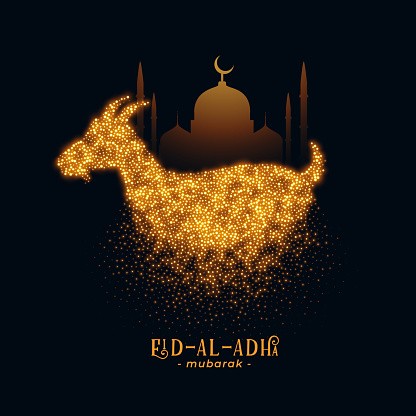 Eid Al Adha greeting with goat and mosque design