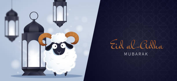 Eid al adha Mubarak 3 Muslim holiday Eid al-Adha. White ram and lamps. Islamic greeting card, poster, banner or flyer. eid al adha stock illustrations