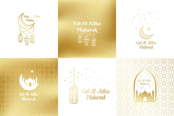 Eid Al Adha Mubarak greeting card, banner, poster, logo with lantern, crescent, moon and star elements on holiday. Vector arabic gold background in islamic style Eid Al Adha Mubarak greeting card, banner, poster, logo with lantern, crescent, moon and star elements on holiday. Vector arabic gold background in islamic style eid al adha stock illustrations