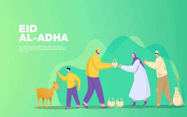 Eid al Adha mubarak greeting concept. illustration of sharing the meat of the sacrificial animal that has been cut Eid al Adha mubarak greeting concept. illustration of sharing the meat of the sacrificial animal that has been cut eid al adha stock illustrations