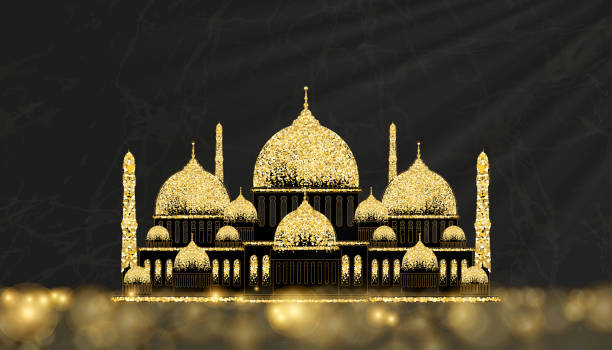Eid al Adha Mubarak greeting design of Dome Mosque with gold shining glitter texture on black marble wall background,Vector Backdrop of Religions of Muslim Symbolic for Eid al fitr,Ramadan Kareem Eid al Adha Mubarak greeting design of Dome Mosque with gold shining glitter texture on black marble wall background,Vector Backdrop of Religions of Muslim Symbolic for Eid al fitr,Ramadan Kareem eid al adha stock illustrations