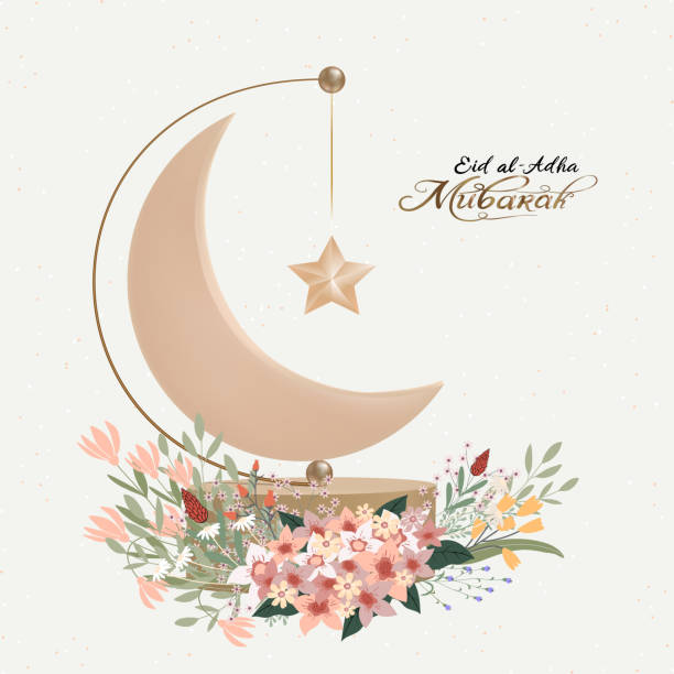 Eid al Adha Mubarak greeting design with Crescent Moon and Star hanging on 3D stand and bouquet flower on beige background,Vector card of Religion of Muslim Symbolic for Eid al fitr, Ramadan Kareem Eid al Adha Mubarak greeting design with Crescent Moon and Star hanging on 3D stand and bouquet flower on beige background,Vector card of Religion of Muslim Symbolic for Eid al fitr, Ramadan Kareem eid al adha calligraphy stock illustrations