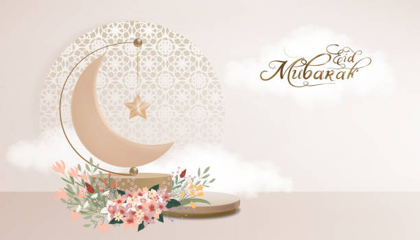 Eid al Adha Mubarak greeting design with Crescent Moon and Star hanging on 3D podium on beige sky,cloud background.Vector Backdrop of Religion of Islamic,Muslim Symbolic for Eid al fitr,Ramadan Kareem Eid al Adha Mubarak greeting design with Crescent Moon and Star hanging on 3D podium on beige sky,cloud background.Vector Backdrop of Religion of Islamic,Muslim Symbolic for Eid al fitr,Ramadan Kareem eid al adha calligraphy stock illustrations