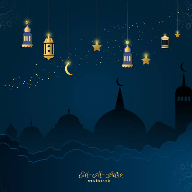 Eid Al Adha Mubarak greeting Night sky with crescent and lantern and stars. Mosques Dome on dark blue twilight sky. Eid Al Adha Mubarak greeting Night sky with crescent and lantern and stars. Mosques Dome on dark blue twilight sky. eid al adha stock illustrations