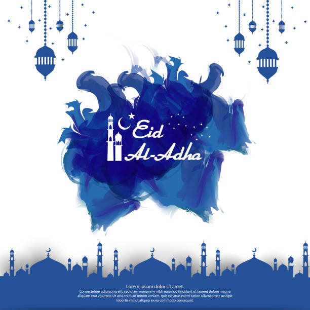 Eid al Adha Mubarak islamic greeting card design. abstract blue watercolor design with dome mosque ornament and hanging lantern element. background Vector illustration. vector art illustration