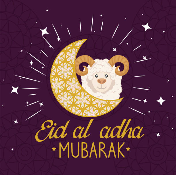 Eid al adha mubarak sheep on moon Eid al adha mubarak sheep on moon on purple background eid al adha stock illustrations