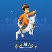 Eid al adha greeting card with jumping goat with muslim boy