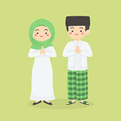 Eid Al Fitr, Eid Mubarak, Ramadan Kareem Greeting Card Man Woman Cartoon Character Vector Illustration