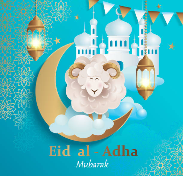Eid al-Adha Banner. Happy Mubarak. Vector. Eid al-Adha Banner.Poster for traditional muslim holiday with sheep, golden ornament,lamp and mosque for happy sacrifice celebration. Islamic greeting card,eid- flyer, poster for social media. eid al adha stock illustrations