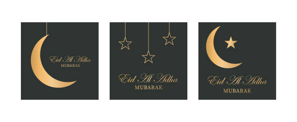 Eid al-Adha islamic background poster set vector suitable for multiple purpose. Golden star and moon on black background Eid al-Adha islamic background poster set vector suitable for multiple purpose. Golden star and moon on black background eid al adha calligraphy stock illustrations