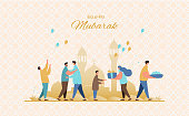 Muslim people feast of breaking the fast.Happy muslim community give gifts, charity and congratulate each other. Eid al-Fitr greeting card vector