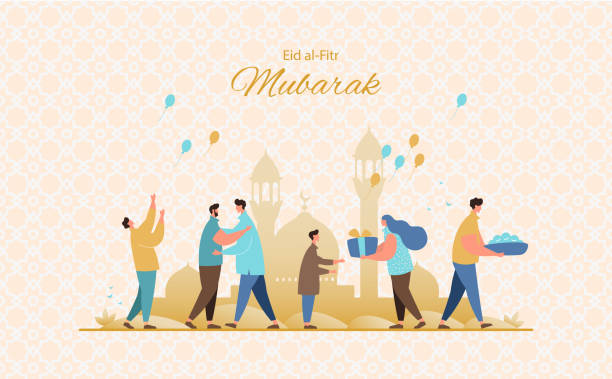 Eid al-Fitr greeting card vector Muslim people feast of breaking the fast.Happy muslim community give gifts, charity and congratulate each other. Eid al-Fitr greeting card vector eid ul fitr stock illustrations
