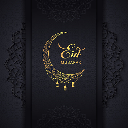 Eid Mubarak Black Background Greeting Design with Beautiful Mandala Art, Golden Moon, Islamic Lantern and Arabic Pattern
