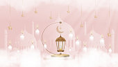 Eid Mubarak card Traditional Islamic lantern,Candle,Crescent moon and Star on pink background,Vector background for Islamic religions,Ramadan Kareem,Eid al fitr,Eid al Adha,Happy Muharram,Islamic new year
