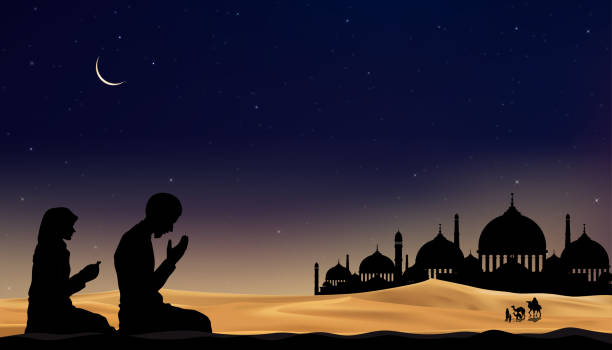 geceleri hilal ay ve yıldız ile cami siluetli bayram mübarek kartı, dua eden müslüman erkek ve kadın, bayram el fitre veya ul adha için ramazan kareem arka plan. i̇slam, müslüman dini - salah stock illustrations