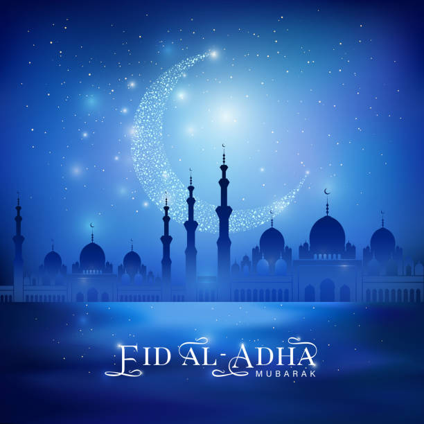 Eid Mubarak Design background. Shine moon, mosque silhouette on a night blue sky background and Eid Al Adha calligraphic congratulation. Vector Illustration for greeting card, poster and banner eid al adha stock illustrations