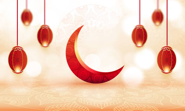 Eid mubarak, realistic crescent moon, wish greeting poster, illustration vector stock illustration
