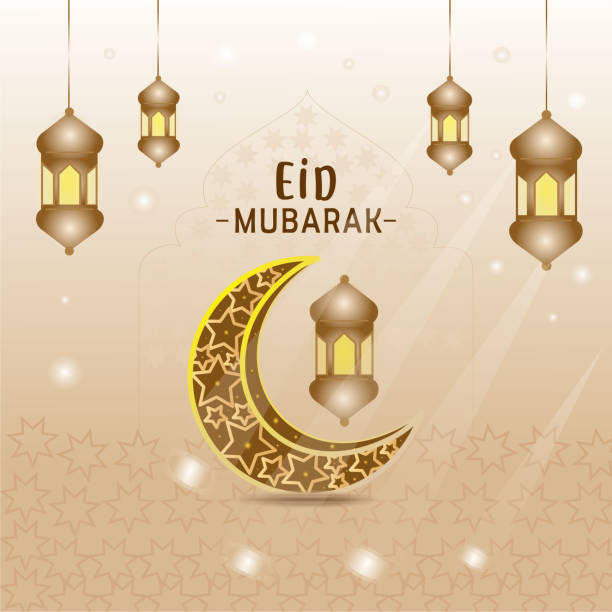 eid mubarak Eid mubarak. Islamic greetings card design with crescent and lantern Premium Vector. eid al adha calligraphy stock illustrations