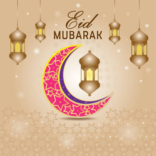 eid mubarak Eid mubarak. Islamic greetings card design with crescent and lantern Premium Vector. eid al adha calligraphy stock illustrations