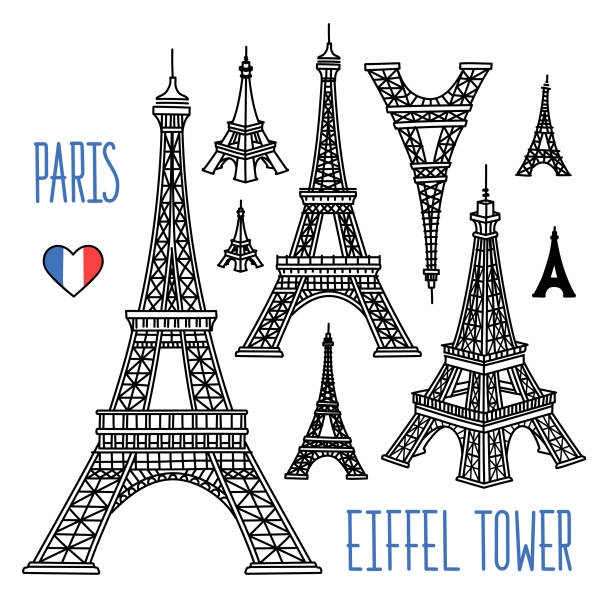 Eiffel Tower, Paris, France freehand vector drawings. Different sizes and points of view. Hand drawn outline vector sketch illustration isolated on white background eiffel tower stock illustrations