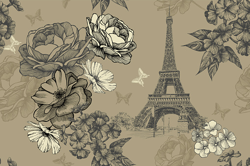 Eiffel tower with roses, phloxes and butterflies on a vintage, seamless background. Hand-drawn, vector illustration.
