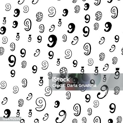istock Eight, 9. Vector seamless pattern with hand drawn numbers elements. Memphis geometric outline trendy modern style. 1264792594