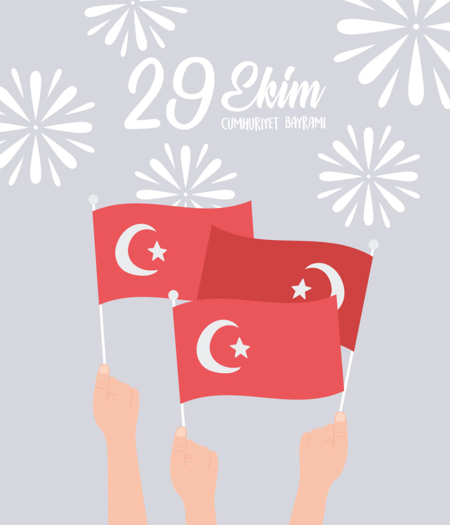 29 ekim Cumhuriyet Bayrami kutlu olsun, turkey republic day, hands with flags fireworks celebration card vector illustration
