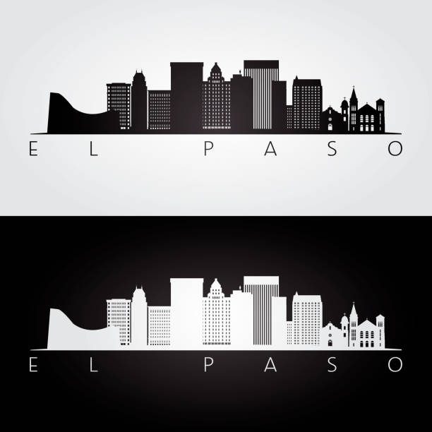 Cakrawala dan landmark El Paso usa siluet, desain hitam dan putih.