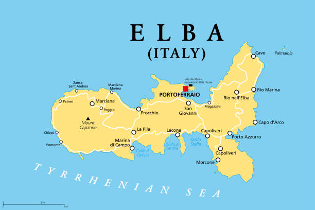 illustrazioni stock, clip art, cartoni animati e icone di tendenza di elba, italia, mappa politica, sito del primo esilio di napoleone - isola d'elba