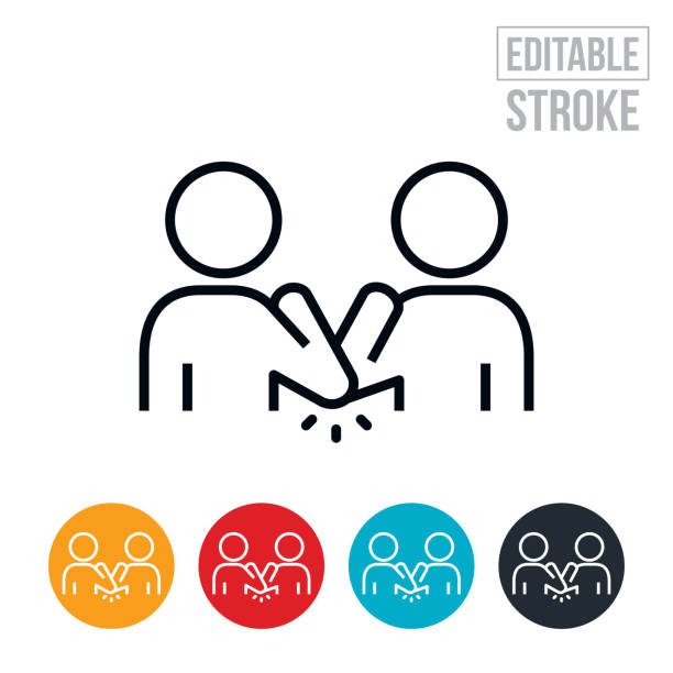 Elbow Bump Thin Line Icon - Editable Stroke An icon of two people doing an elbow bump to practice social distancing in order to prevent the spread of an infectious disease. The icon includes editable strokes or outlines using the EPS vector file. elbow stock illustrations