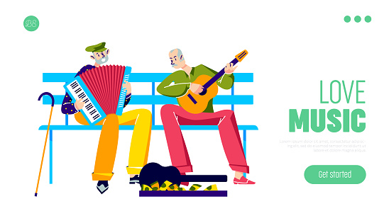 Elder musicians playing on musical instruments outdoors, template landing page