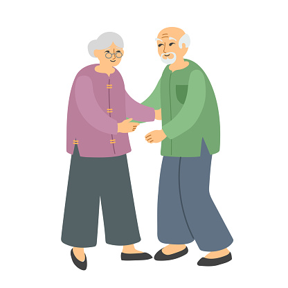 Elderly asian couple. Old man and woman ready to hug. Cartoon flat design illustration. Happy family. Vector picture isolated on white background.