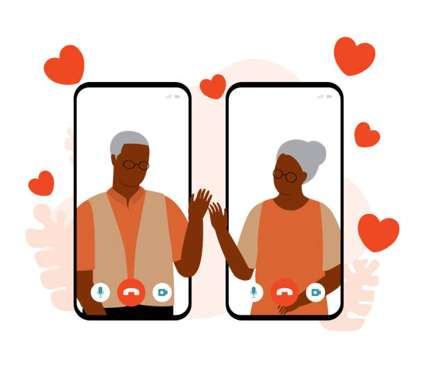Elderly Black Couple With Online Dating. Black Senior Couple Using Video Call For Dating. Full Length, Isolated On White Background. Vector, Illustration, Flat Design, Character. old black couple in love stock illustrations